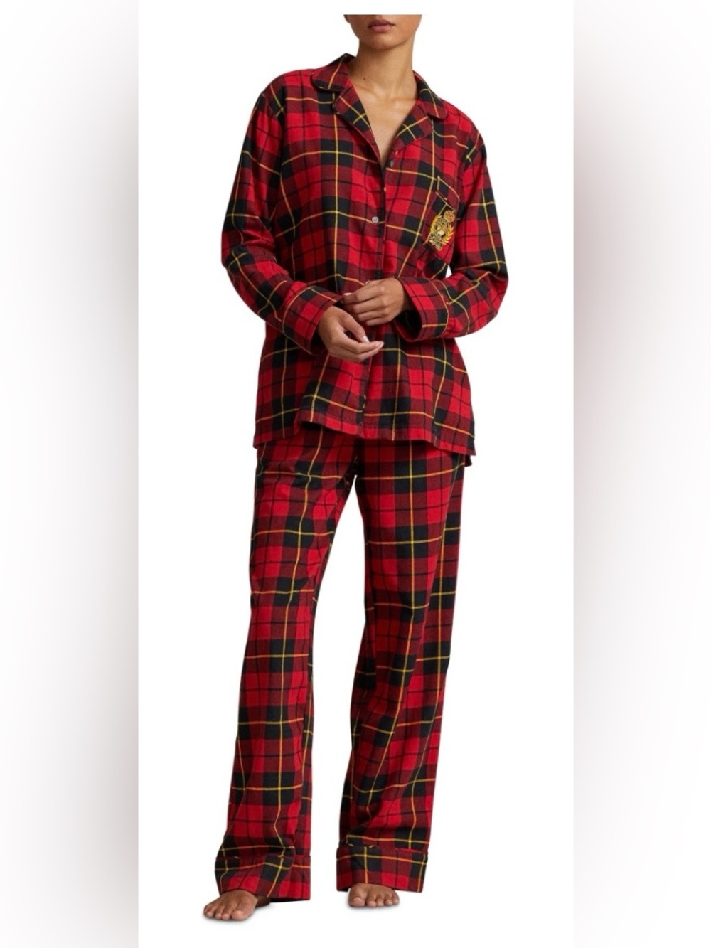 Ralph Lauren Red Black Yellow Plaid Pajama Set with Crest